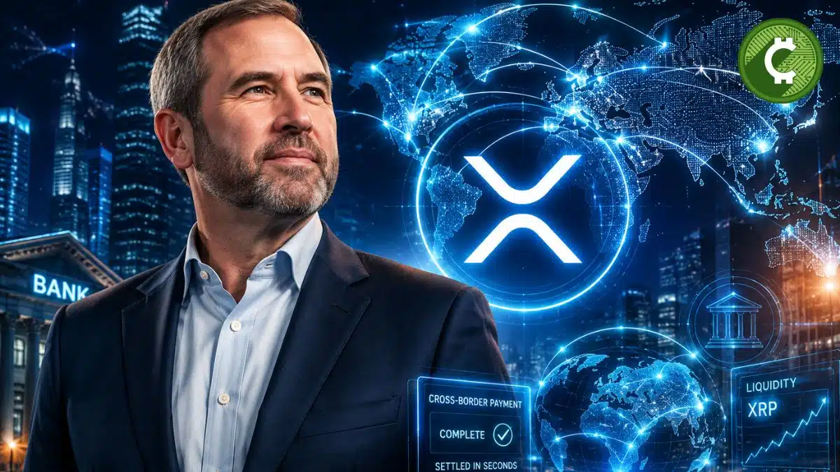 Brad Garlinghouse junto al logo de XRP en una ilustración sobre pagos globales y expansión de Ripple