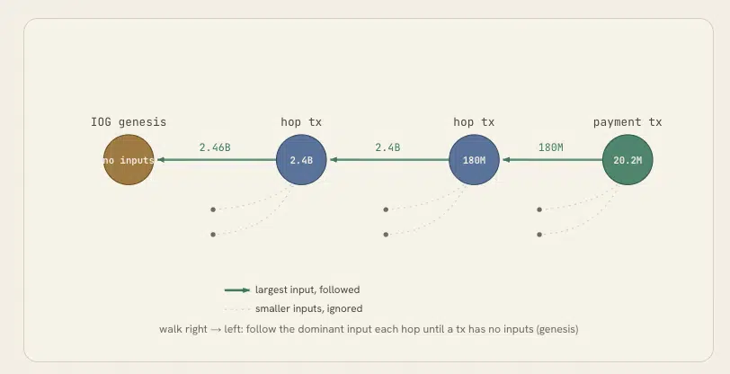 Visualización del flujo de transacciones utilizada para rastrear el origen histórico de grandes movimientos de ADA.