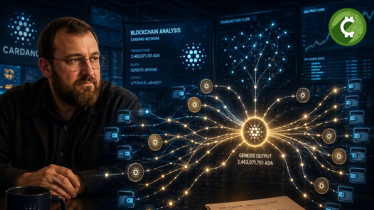 Ilustración editorial de Charles Hoskinson junto a un análisis on-chain que rastrea grandes movimientos de ADA en la blockchain de Cardano.