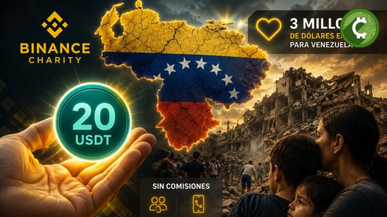Ilustración de la ayuda de Binance Charity para las víctimas del terremoto en Venezuela mediante una donación de 3 millones de dólares y distribución de USDT.