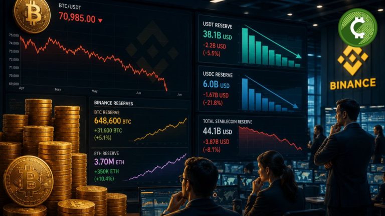 Ilustración de analistas observando el aumento de las reservas de Bitcoin en Binance y la caída de la liquidez en USDT y USDC mientras BTC cae por debajo de los $71.000.