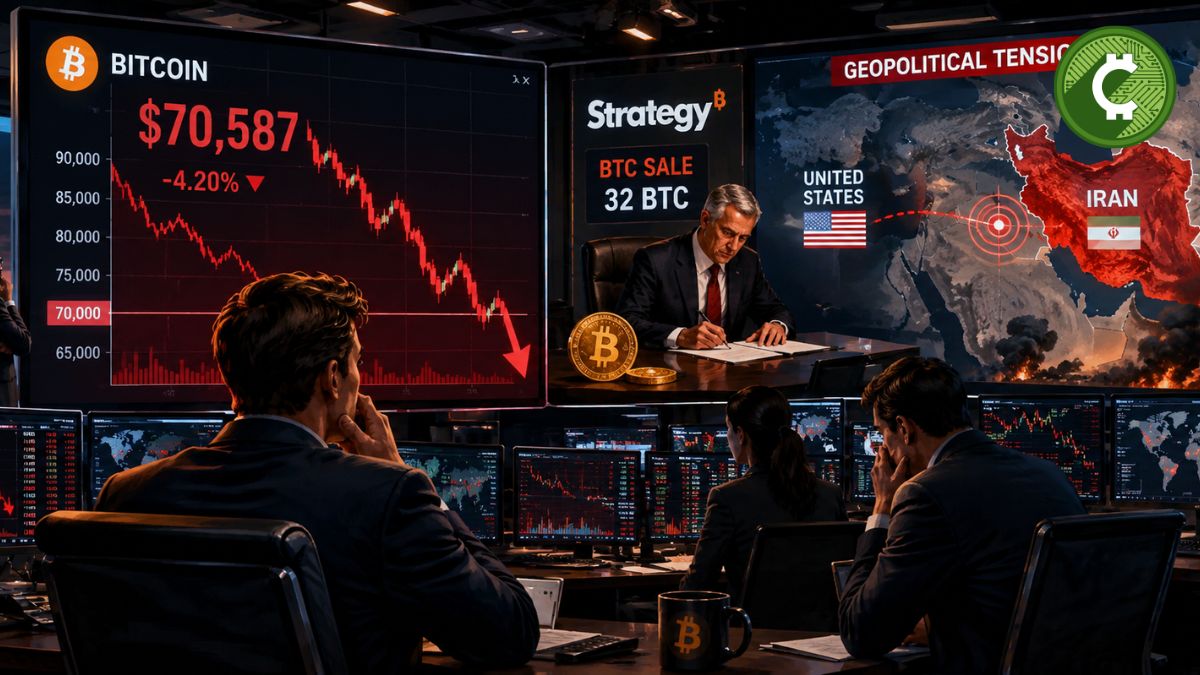 Ilustración de analistas observando la caída de Bitcoin hacia los 70.000 dólares mientras la venta de BTC de Strategy y las tensiones entre Estados Unidos e Irán presionan al mercado de criptomonedas.