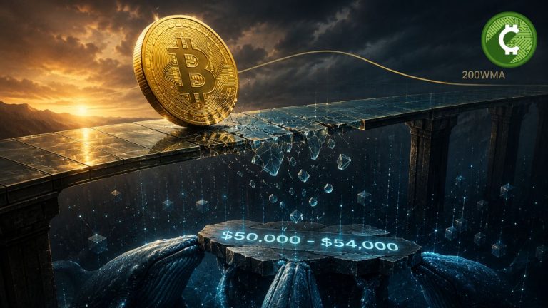Ilustración de Bitcoin sobre un puente fracturado mientras grandes ballenas sostienen un soporte inferior, representando un posible suelo del precio entre 50.000 y 54.000 dólares según indicadores on-chain.