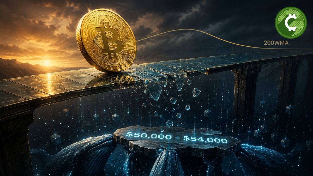 Ilustración de Bitcoin sobre un puente fracturado mientras grandes ballenas sostienen un soporte inferior, representando un posible suelo del precio entre 50.000 y 54.000 dólares según indicadores on-chain.