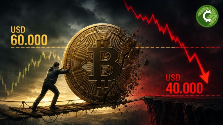 Ilustración de Bitcoin en una peligrosa consolidación bajo los USD 60.000 con riesgo de caída hacia los USD 40.000.