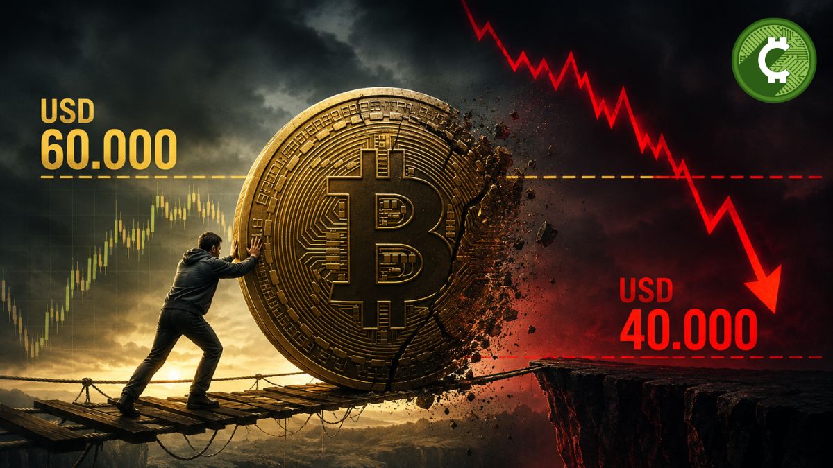 Ilustración de Bitcoin en una peligrosa consolidación bajo los USD 60.000 con riesgo de caída hacia los USD 40.000.