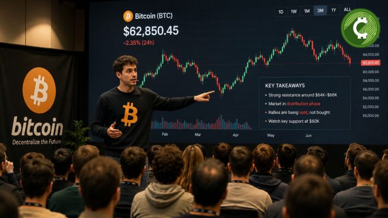Analista presenta gráfico de Bitcoin en una conferencia mientras el mercado entra en una fase de distribución y presión vendedora por debajo de los 63.000 dólares.