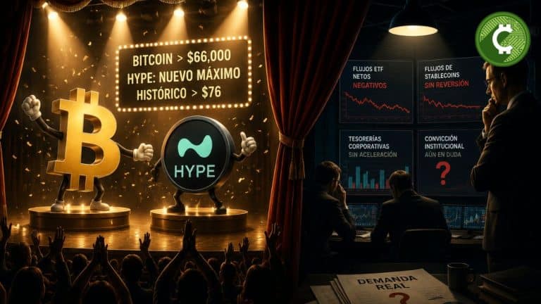 Escena conceptual donde Bitcoin y HYPE reciben aplausos sobre un escenario mientras analistas observan entre bastidores la falta de demanda institucional que respalde el rally del mercado cripto.