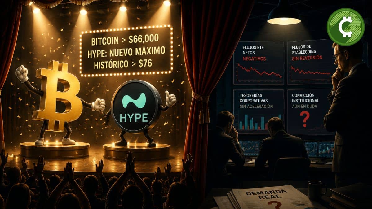 Escena conceptual donde Bitcoin y HYPE reciben aplausos sobre un escenario mientras analistas observan entre bastidores la falta de demanda institucional que respalde el rally del mercado cripto.