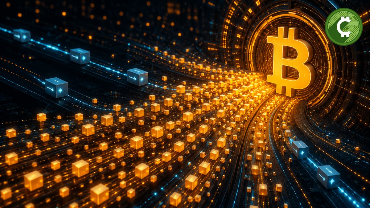 Ilustración de la red de Bitcoin mostrando miles de microtransacciones digitales convergiendo hacia el símbolo de Bitcoin, reflejando el aumento de la actividad on-chain analizada por CryptoQuant.