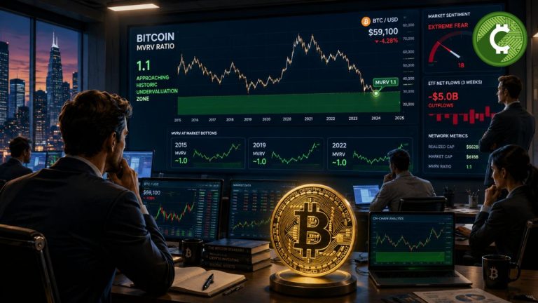 Analistas observan gráficos de Bitcoin mientras el indicador MVRV cae a 1,1 y se acerca a una histórica zona de infravaloración que anteriormente marcó mínimos de mercado.