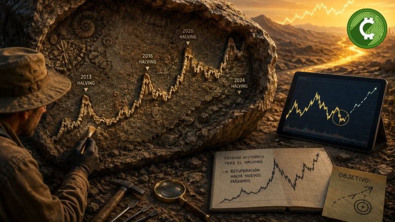Ilustración conceptual de un arqueólogo descubriendo un patrón histórico de Bitcoin en una roca fósil, simbolizando la repetición de los ciclos tras el halving y la proyección de 21Shares hacia los 100.000 dólares.