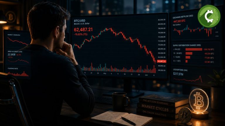 Inversor analiza la caída de Bitcoin en varias pantallas mientras aumenta la presión vendedora y disminuye el Open Interest del mercado.