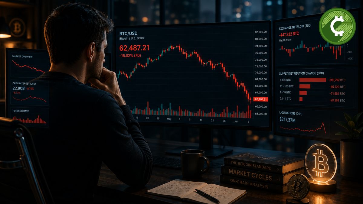 Inversor analiza la caída de Bitcoin en varias pantallas mientras aumenta la presión vendedora y disminuye el Open Interest del mercado.