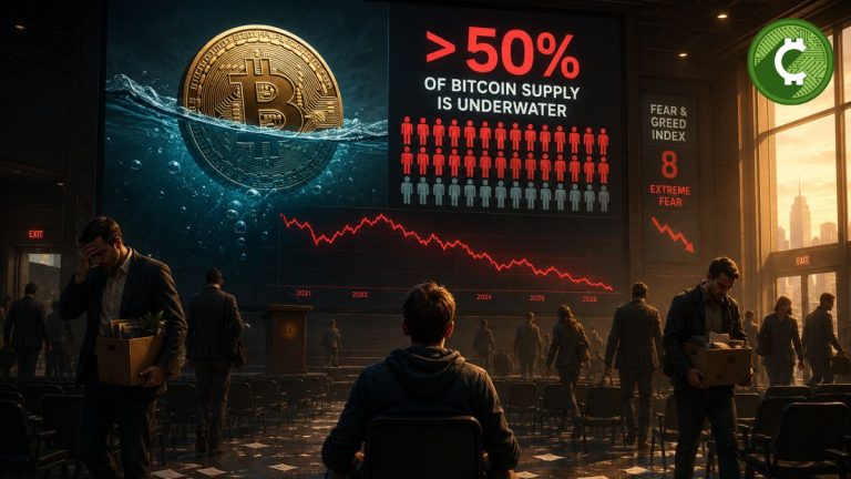 Ilustración de inversores abandonando un auditorio mientras Bitcoin muestra que más del 50% de su oferta está en pérdidas, una señal asociada históricamente a suelos de mercado.