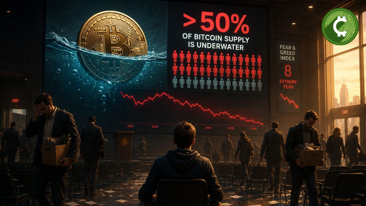 Ilustración de inversores abandonando un auditorio mientras Bitcoin muestra que más del 50% de su oferta está en pérdidas, una señal asociada históricamente a suelos de mercado.