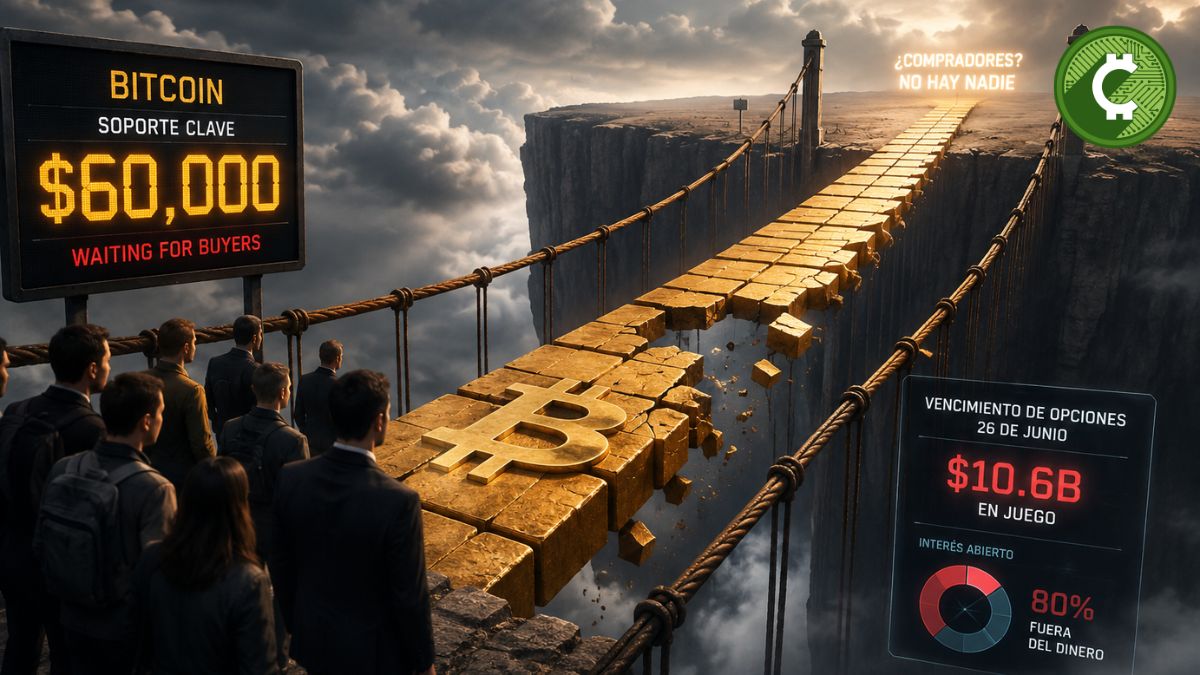 Ilustración conceptual de un puente de Bitcoin agrietado que representa el frágil soporte de los 60.000 dólares antes del vencimiento de opciones por 10.600 millones de dólares y las salidas de ETF.