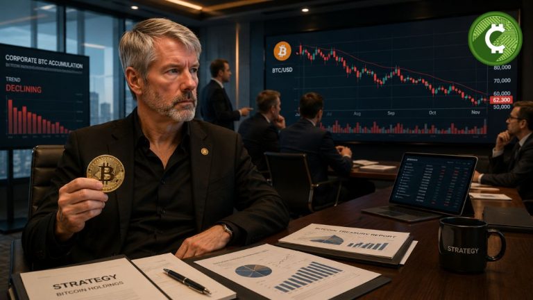 Michael Saylor observa un gráfico bajista de Bitcoin en una sala de juntas mientras Grayscale advierte que el mercado necesita nuevos compradores para encontrar un suelo sostenible.