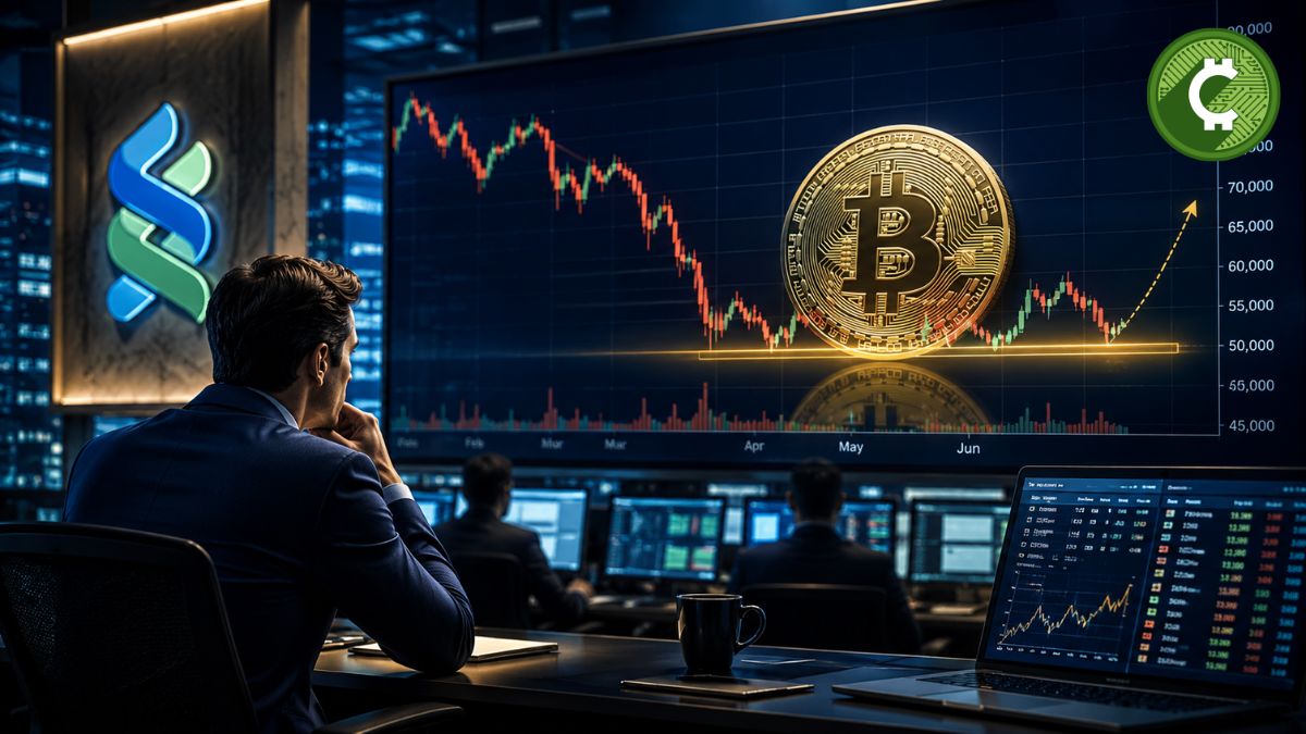 Analista financiero observa un gráfico de Bitcoin estabilizándose tras una fuerte caída mientras Standard Chartered afirma que el mercado está cerca de tocar fondo.