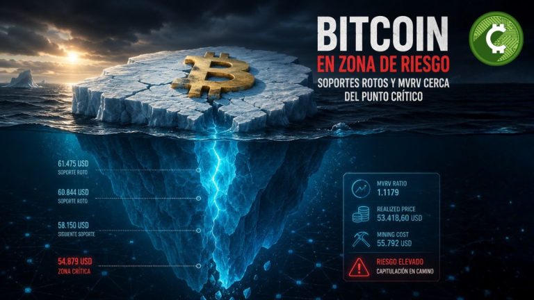 Ilustración conceptual de Bitcoin sobre un iceberg agrietado que representa la pérdida de soportes clave y el riesgo de una caída hacia niveles críticos según las métricas on-chain.