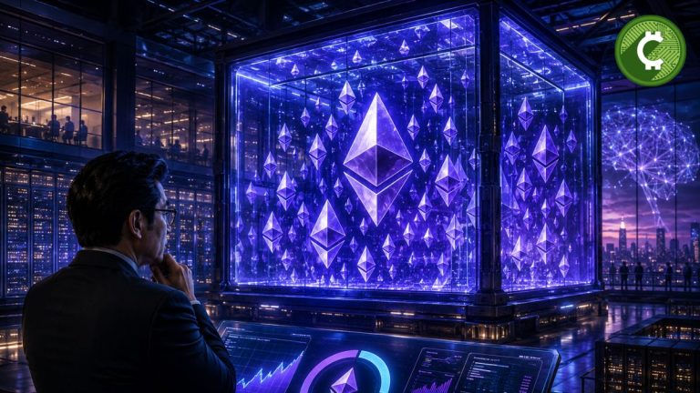 Ilustración de Bitmine acumulando Ethereum mientras Tom Lee observa una gigantesca reserva digital de ETH en un centro tecnológico futurista.