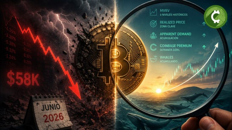 Ilustración conceptual de Bitcoin tras la caída de junio de 2026 con indicadores on-chain como MVRV, Realized Price, Coinbase Premium y acumulación de ballenas según CryptoQuant.