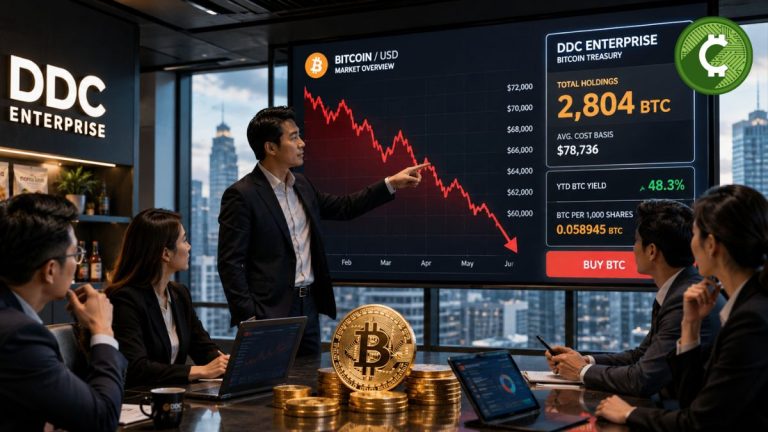 Ejecutivos de DDC Enterprise analizando la compra de Bitcoin mientras el precio de BTC cae, elevando las reservas corporativas a 2.804 BTC.