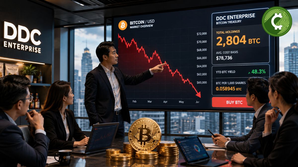 Ejecutivos de DDC Enterprise analizando la compra de Bitcoin mientras el precio de BTC cae, elevando las reservas corporativas a 2.804 BTC.