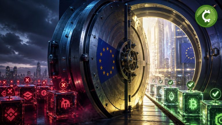 Ilustración de una compuerta regulatoria simbolizando el ultimátum de ESMA a los proveedores de criptomonedas no autorizados antes de la entrada en vigor plena de MiCA en la Unión Europea.