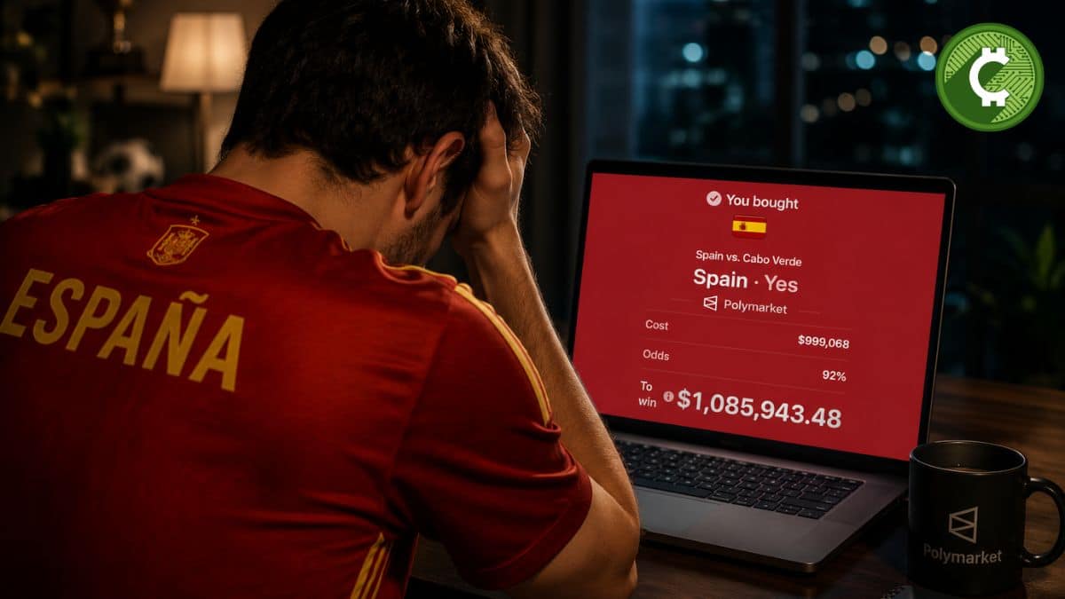 Aficionado con camiseta de España observa con tristeza una apuesta de US$999.068 en Polymarket después del empate 0-0 ante Cabo Verde.