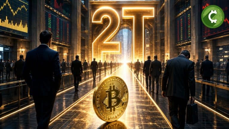 Ilustración editorial de los ETFs spot de Bitcoin acercándose a los 2 billones de dólares en volumen acumulado mientras aumentan las salidas de capital.