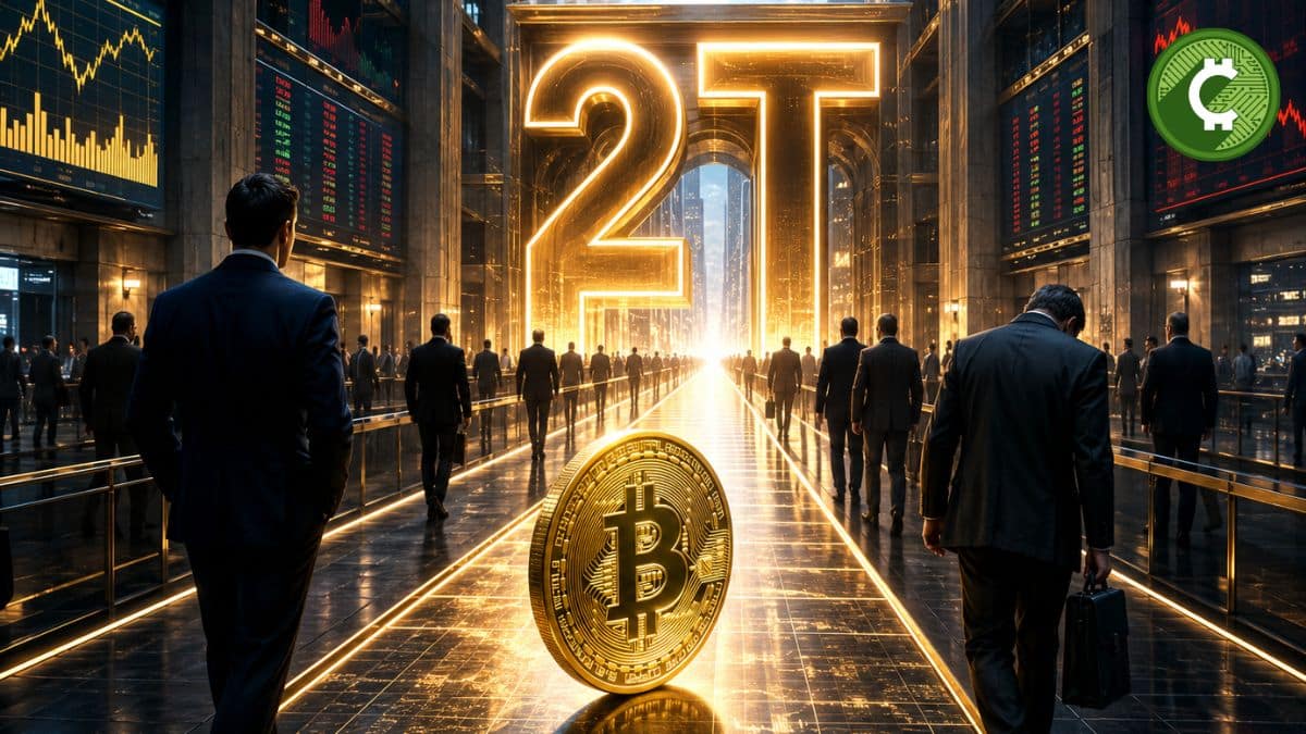 Ilustración editorial de los ETFs spot de Bitcoin acercándose a los 2 billones de dólares en volumen acumulado mientras aumentan las salidas de capital.