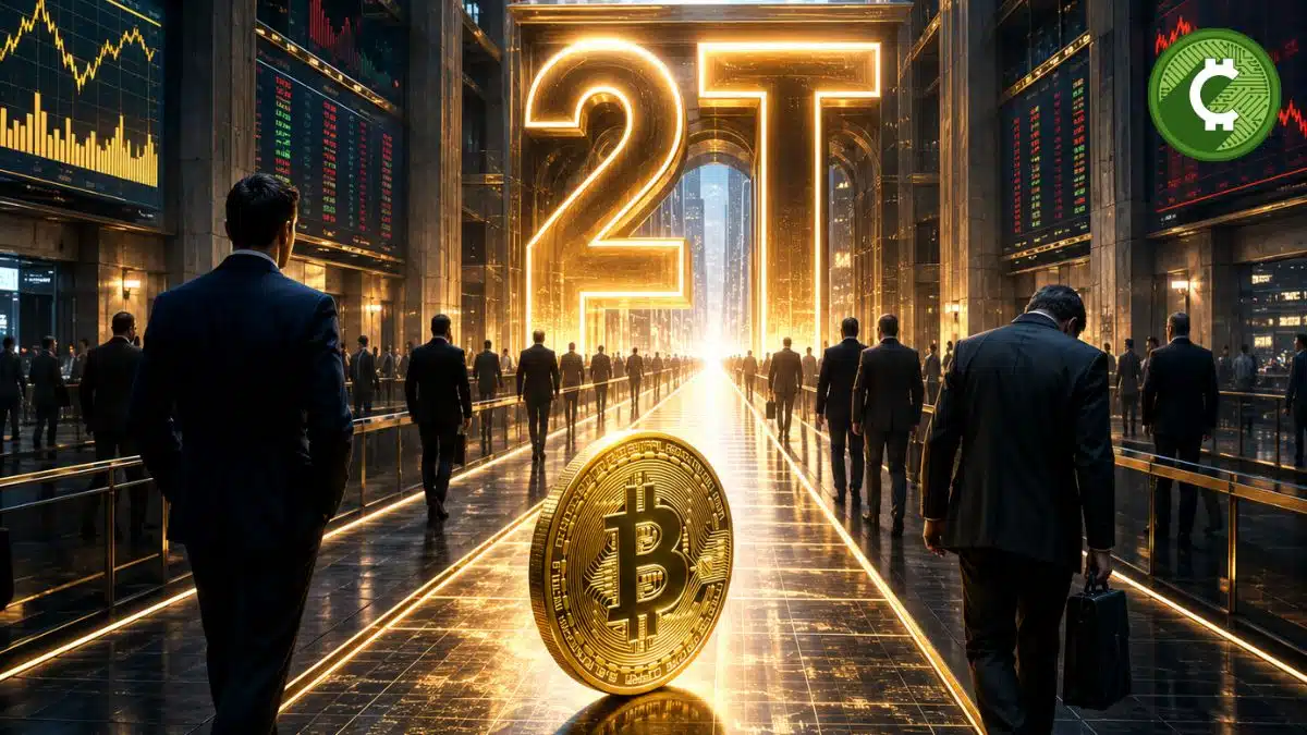 Ilustración editorial de los ETFs spot de Bitcoin acercándose a los 2 billones de dólares en volumen acumulado mientras aumentan las salidas de capital.