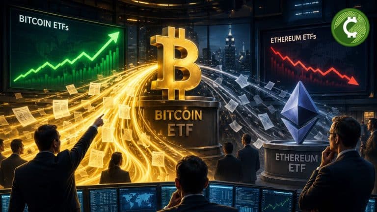 Ilustración de inversores institucionales dirigiendo capital hacia los ETFs spot de Bitcoin mientras los ETFs de Ethereum continúan registrando salidas de fondos.