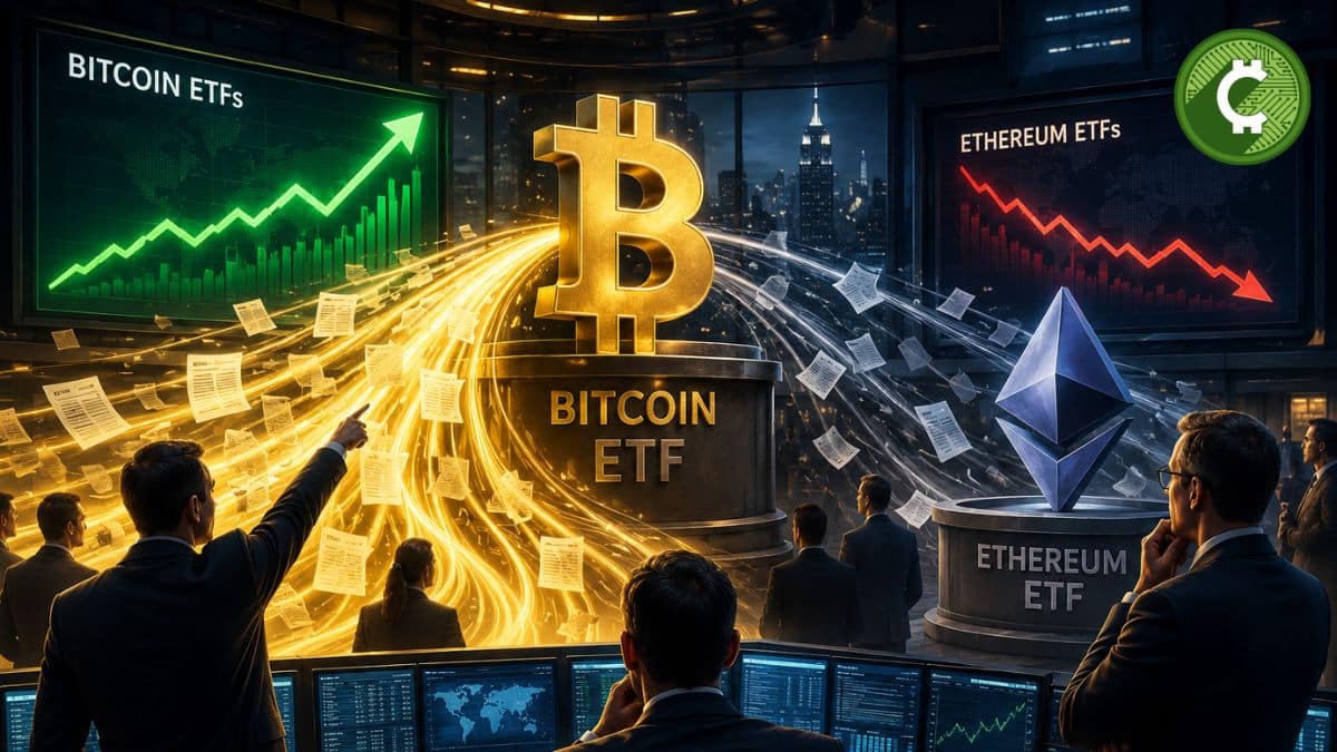 Ilustración de inversores institucionales dirigiendo capital hacia los ETFs spot de Bitcoin mientras los ETFs de Ethereum continúan registrando salidas de fondos.