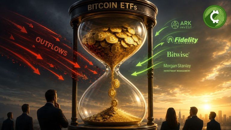 Ilustración de un reloj de arena con monedas de Bitcoin representando las salidas de capital de los ETFs spot de Bitcoin y señales de agotamiento de la presión vendedora.