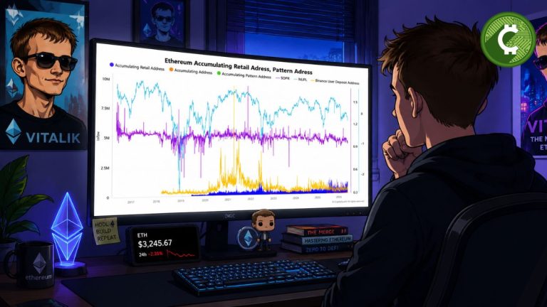 Inversor de criptomonedas analizando un gráfico de Ethereum en su computadora mientras observa señales de acumulación de ETH y posible presión vendedora de las ballenas.