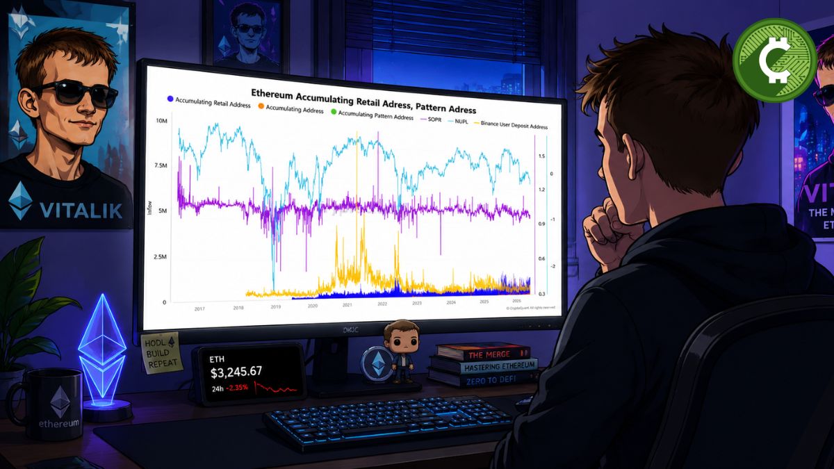 Inversor de criptomonedas analizando un gráfico de Ethereum en su computadora mientras observa señales de acumulación de ETH y posible presión vendedora de las ballenas.