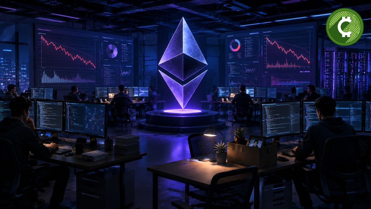 Ilustración conceptual de Ethereum y un equipo de desarrolladores ante una posible crisis de financiación del desarrollo central tras los recortes de la Fundación Ethereum.