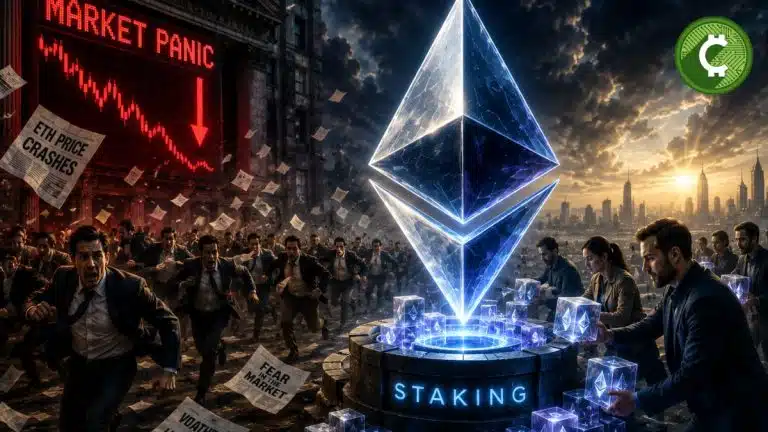 Ilustración de Ethereum mientras inversores de largo plazo continúan aumentando el staking pese a la caída del precio y la volatilidad del mercado.