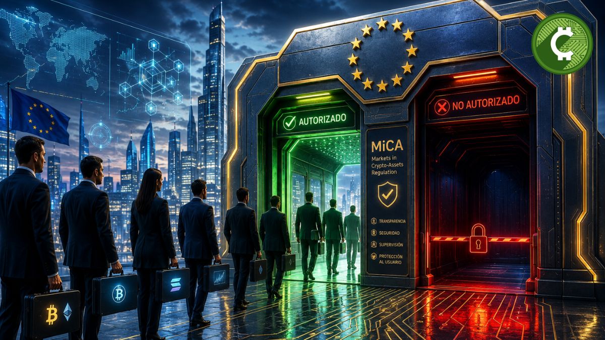 Ilustración conceptual sobre la regulación MiCA en Europa que muestra un control de acceso para exchanges de criptomonedas y el proceso de autorización para operar en la Unión Europea.