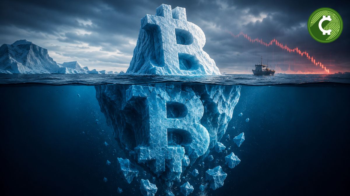 Ilustración conceptual de un iceberg con forma del símbolo de Bitcoin que se fragmenta bajo el agua, representando las salidas récord de capital de los ETP de Bitcoin y los flujos negativos reportados por K33.