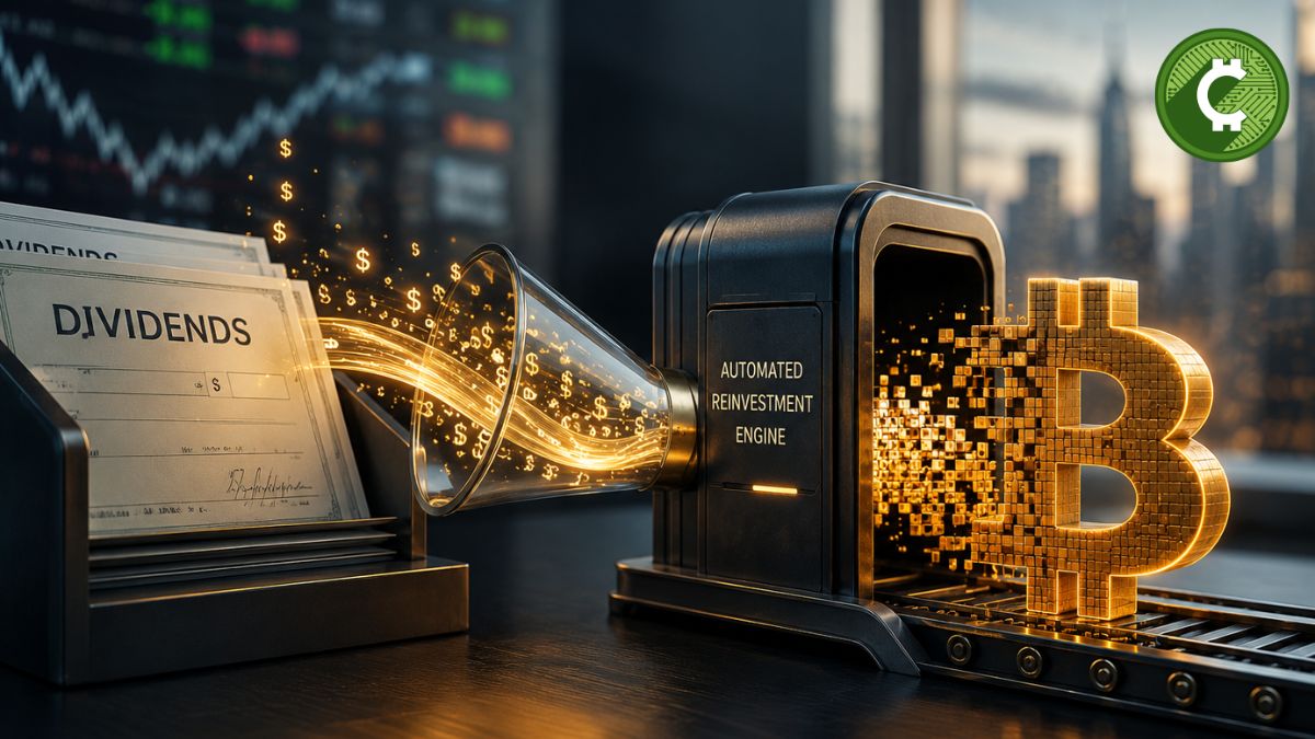 Ilustración conceptual de un sistema que convierte dividendos de acciones en inversión en Bitcoin para los nuevos ETF propuestos por Franklin Templeton.