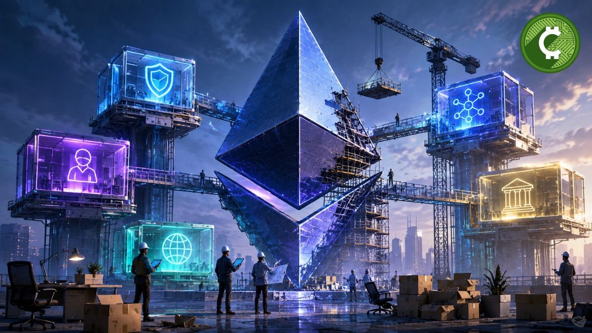 Ilustración editorial de la Fundación Ethereum durante su reestructuración organizacional con cinco pilares estratégicos y una reducción del 20% de su plantilla.