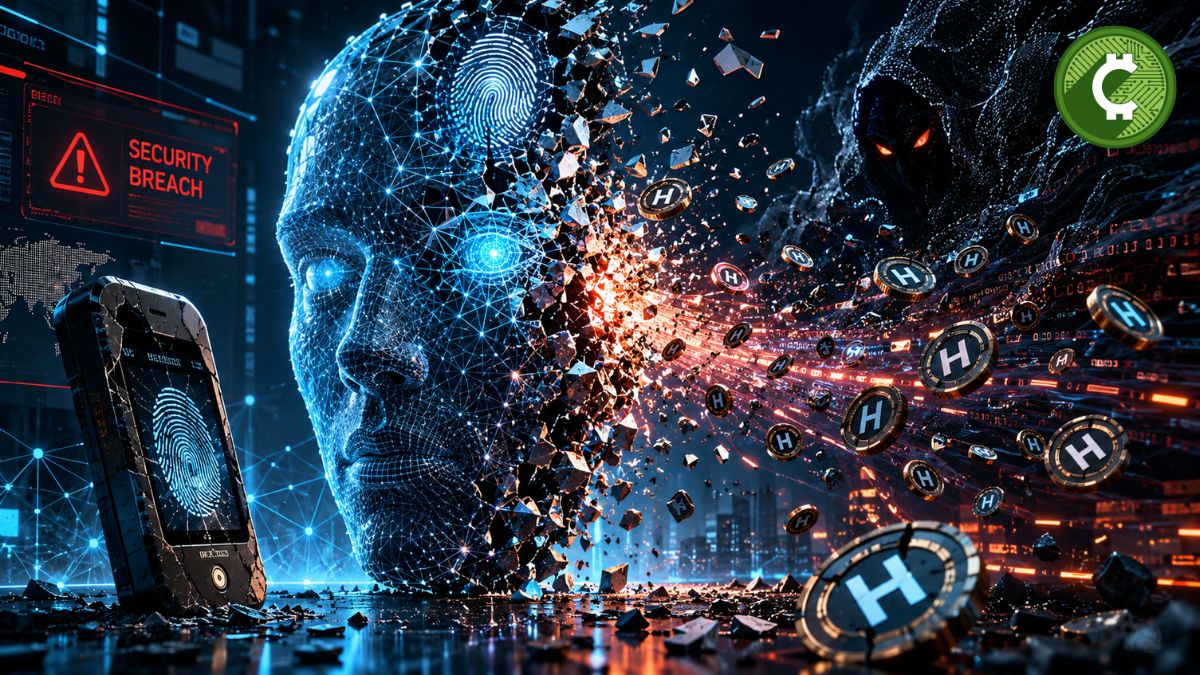 Ilustración de Humanity Protocol mostrando una identidad digital biométrica fracturada tras un hackeo que provocó pérdidas superiores a 32 millones de dólares y el desplome del token H.