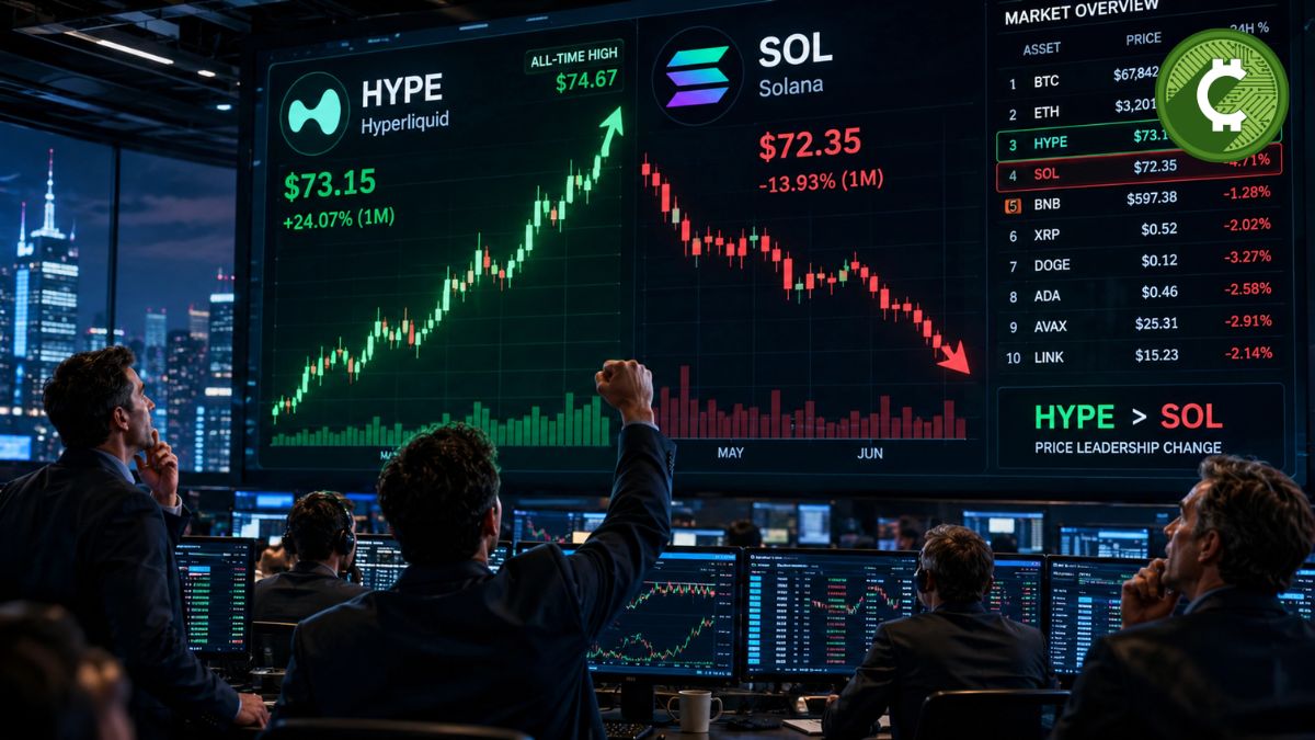 Pantalla de trading mostrando a HYPE de Hyperliquid superando el precio de Solana mientras inversores observan el mercado de criptomonedas.