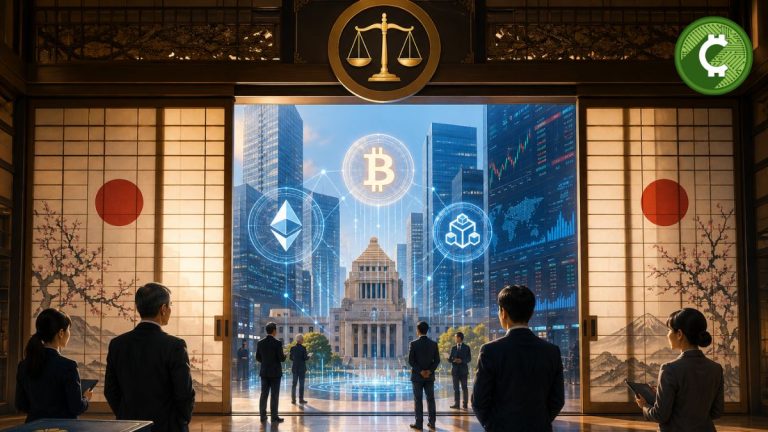 Ilustración editorial del Parlamento de Japón integrando las criptomonedas al sistema financiero mediante una nueva regulación que las clasificaría como instrumentos financieros.