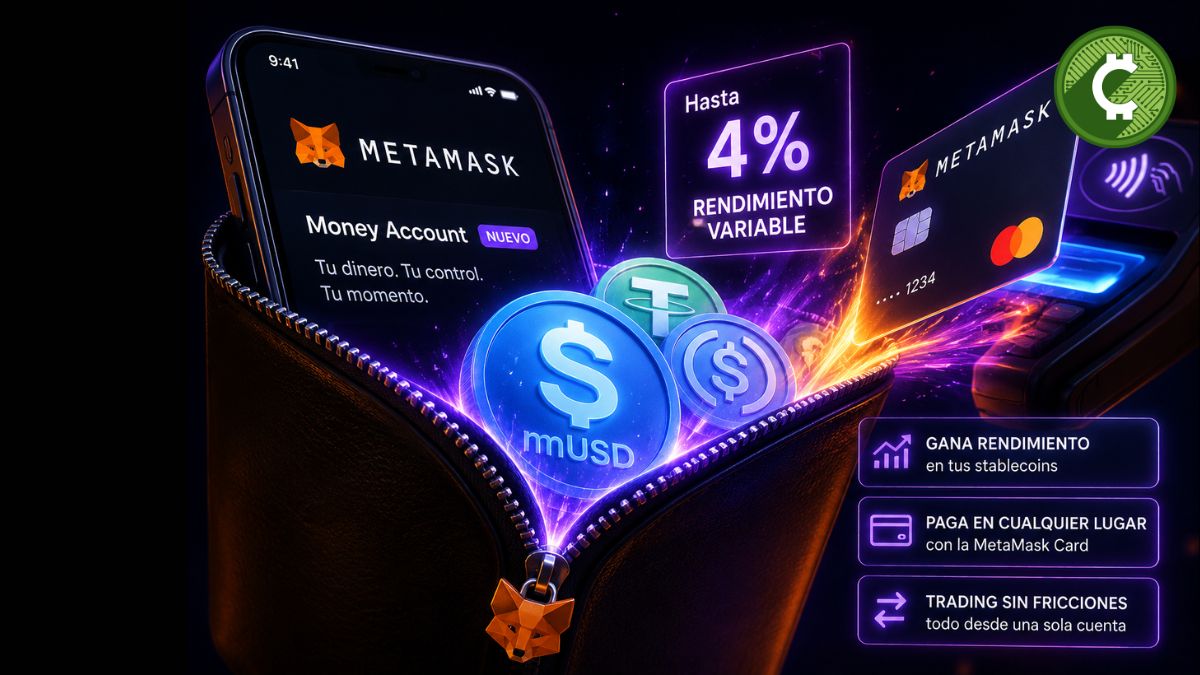 Ilustración de MetaMask Money Account mostrando una cuenta con rendimiento en stablecoins, pagos con MetaMask Card y funciones de trading desde una sola billetera.