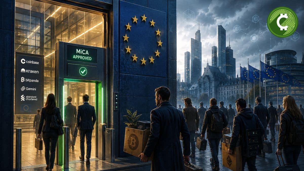 Ilustración editorial que representa a empresas de criptomonedas abandonando Europa ante la entrada en vigor de MiCA y sus nuevos requisitos regulatorios.