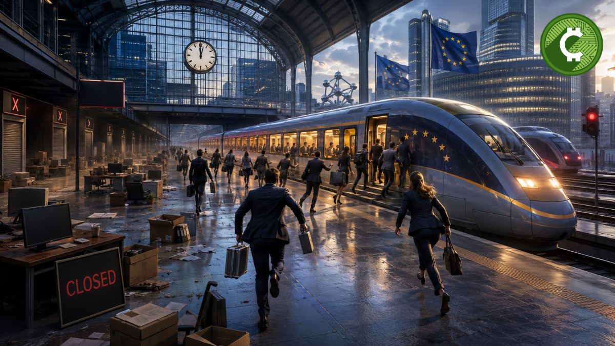 Ejecutivos corren hacia un tren que simboliza MiCA mientras oficinas cerradas representan el cierre de empresas de criptomonedas en Europa por la nueva regulación.